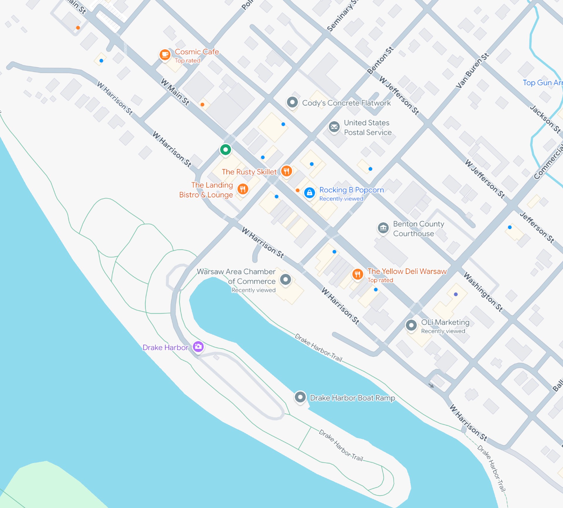 Illustrated map of downtown Warsaw, Missouri showing the festival grounds, town square, carnival, big stage, craft tents, and Drake Harbor